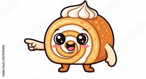 Cute Cartoon Swiss Roll Character with Cream Topping and Pointing Gesture.