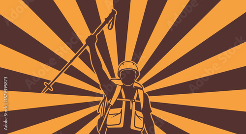 Silhouette of Hiker Celebrating Victory with Trekking Pole and Sunburst Background Design