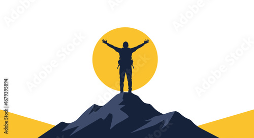 Silhouette of Hiker at Summit with Arms Extended, Symbolizing Success and Adventure