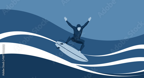 Surfer Celebrating Successful Leap Above Ocean Waves in Stunning Digital Illustration