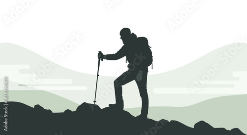 Silhouette Of Hiker Scaling Mountain Peak Displaying Strength And Resilience During Adventure
