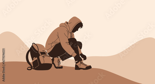 Silhouette Of Hiker Preparing For Trek Amidst Serene Desert Scenery Adventure Travel