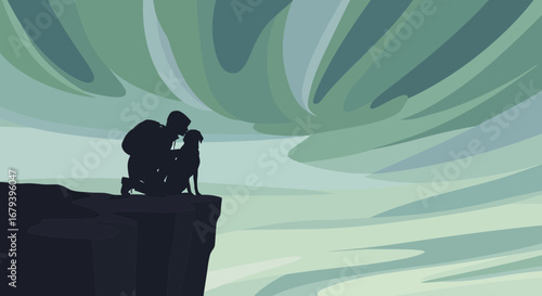 Silhouette Of Person And Canine Showing Affection On Cliff Under Abstract Sky