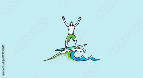 Surfer Celebrating Victory Riding a Wave, Vector Illustration in Minimalist Style
