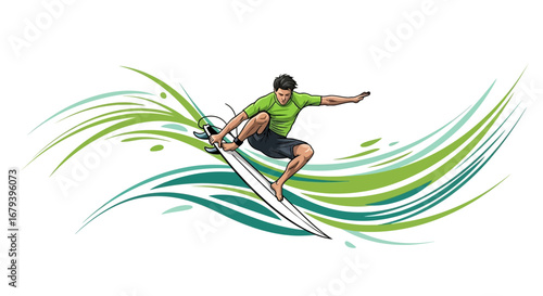Surfer Displays Skillfully Carved Maneuver on White Board Amidst Energetic Decorative Lines
