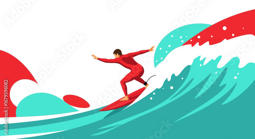 Surfer Embarking on a Thrilling Wavy Ride across the Ocean as Abstract Art
