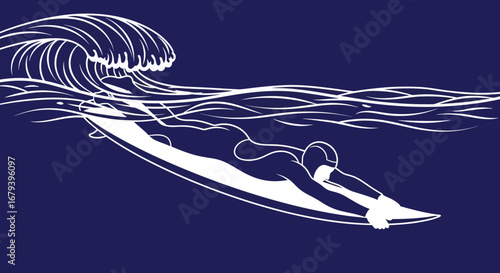 Surfer diving under water with surfboard minimalist art design illustration