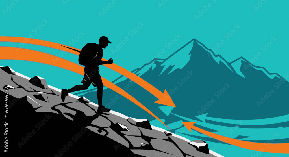Obraz premium Silhouette runner with backpack climbing a mountain with stylized arrows showing direction