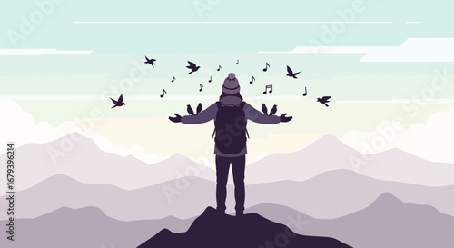 Silhouette Standing atop Mountain, Embracing Serenity, Birdsong Emanating Radiance, Artistic