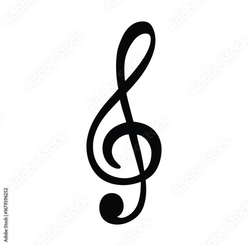 A musical staff with a treble clef and various notes flowing across a white background design element