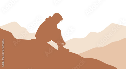 Silhouette Person Tying Shoe In Front Of A Landscape, Minimalist Design And Style