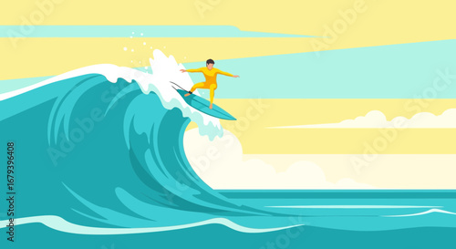 Surfer Gliding Over Massive Wave, Capturing Moment Of Speed And Action In Ocean