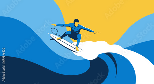 Surfer Gliding Across The Ocean Waves Under A Bright Yellow Sky During A Sunny Day