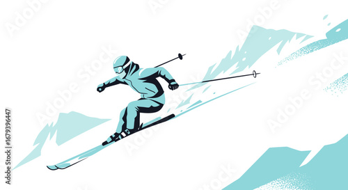 Skier Descending Snow-Covered Mountain Slope Amidst White And Pale Blue Tones