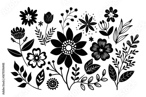 Boho Floral Collection Black Silhouette Vector Illustration on White Background