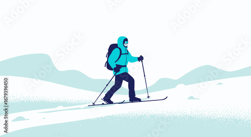 Skier Trekking Through Snowy Mountain Landscape On A Cold Winter Adventure Day