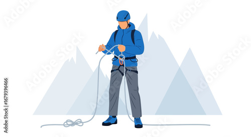 Skilled Climber Preparing Climbing Gear With Mountain Backdrop For Adventurous Outdoors