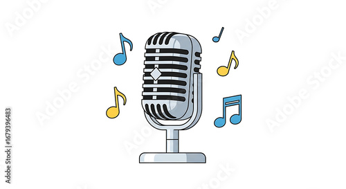 Modern Flat Microphone and Musical Note Element Illustration Graphic Asset