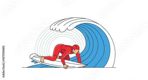 Surfer in red wetsuit surfing big wave, line art style, ocean sports concept