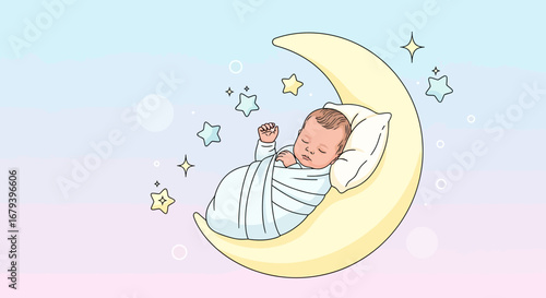 Sleeping baby on the moon with stars and a dreamy background illustration