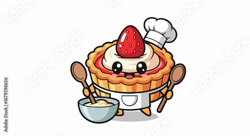 Cute Cartoon Pastry Chef with Strawberry Tart.