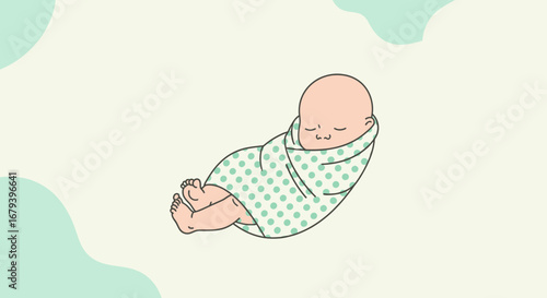 Sleeping Baby Swaddled In A Dotted Blanket On Creamy Background Illustration