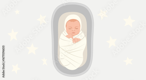 Sleeping baby swaddled in blanket, illustration of a peaceful newborn child