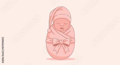 Sleeping Baby Swaddled In A Pink Blanket With A Hat And A Big Bow Illustration