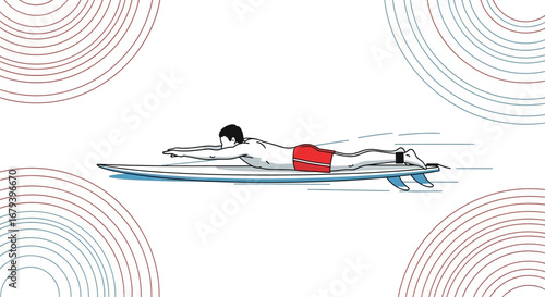 Surfer Paddling Forward on the Surfboard with Speed and Dynamic Illustration