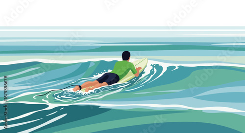 Surfer Paddling On Surfboard Enjoys The Coastal Waters And Sunny Day