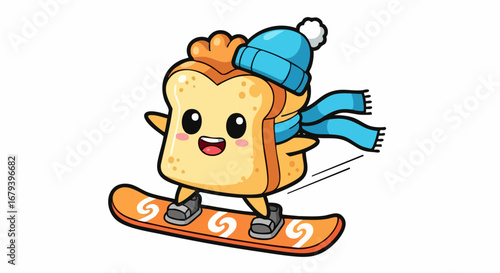 Happy cartoon bread slice snowboarding in winter with a blue hat and scarf.