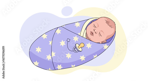 Sleeping Baby Swaddled In Soft Blanket And Pacifier, Peaceful Dreamtime Newborn