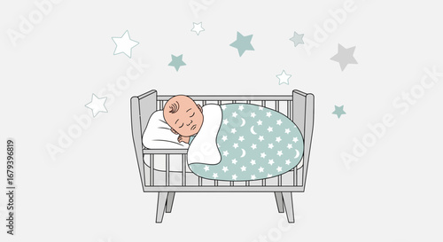 Sleeping Infant in Crib, Peaceful Slumber with Moon and Stars, Cute Illustration