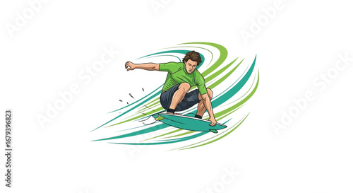 Surfer Performs Trick On Board With Dynamic Swirls Vector Illustration On White Background