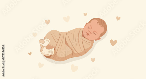 Sleeping Infant Wrapped Comfortably, Decorated With Soft Love-Shapes Around