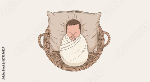 Sleeping Infant Swaddled Peacefully Within Woven Basket Embracing Stillness And Comfort