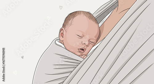 Sleeping newborn baby carried in a wrap, concept of love and intimacy