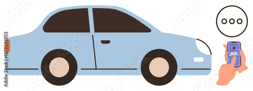 Car receiving commands from a hand-held remote control device. Ideal for transportation, car rental, security, smart technology, convenience, mobility solutions, innovation. Simple flat metaphor