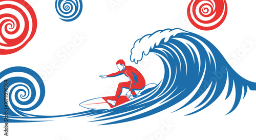 Surfer Rides A Giant Wave With Stylized Swirls Creating A Dynamic Design