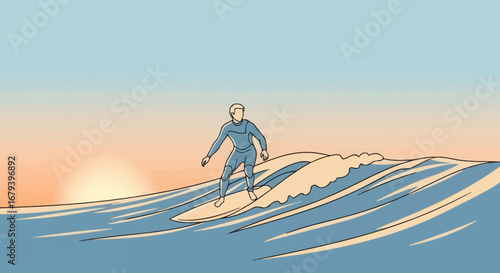 Surfer rides a wave during sunset, ocean with water, enjoying a sport activity