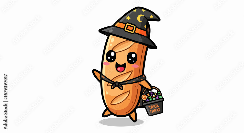 Obraz premium Adorable Halloween Baguette Witch with Basket of Treats.