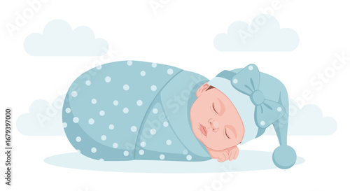 Sleeping Newborn Wrapped In Blue Blanket Surrounded By Fluffy Puffy Clouds With Bow