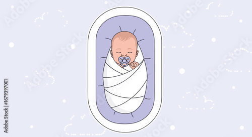 Sleeping Swaddled Infant in a Bassinet with Pacifier on a Blue Pastel Background