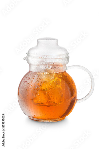 glass teapot with cold tea, ice, white background