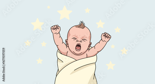 Sleepy Infant Yawning and Stretching With Starry Background at Twilight