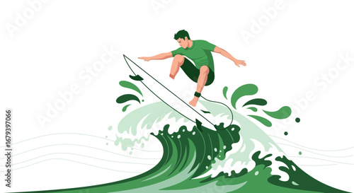 Surfer Rides Surging Wave Created By Force, Dynamic Scene Of The Sea, Vector Illustration