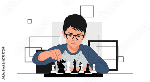 Smart Child Plays Chess with Focused Concentration, Strategic Mind, and Intellectual Pursuit