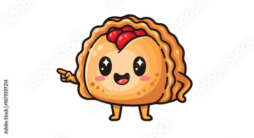 Cute cartoon dumpling character with cherry filling pointing forward.