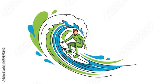 Surfer Riding a Large Wave, Sports Activity with Color and Vector Illustration