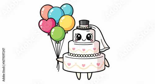 Adorable wedding cake character with balloons ready for the celebration.